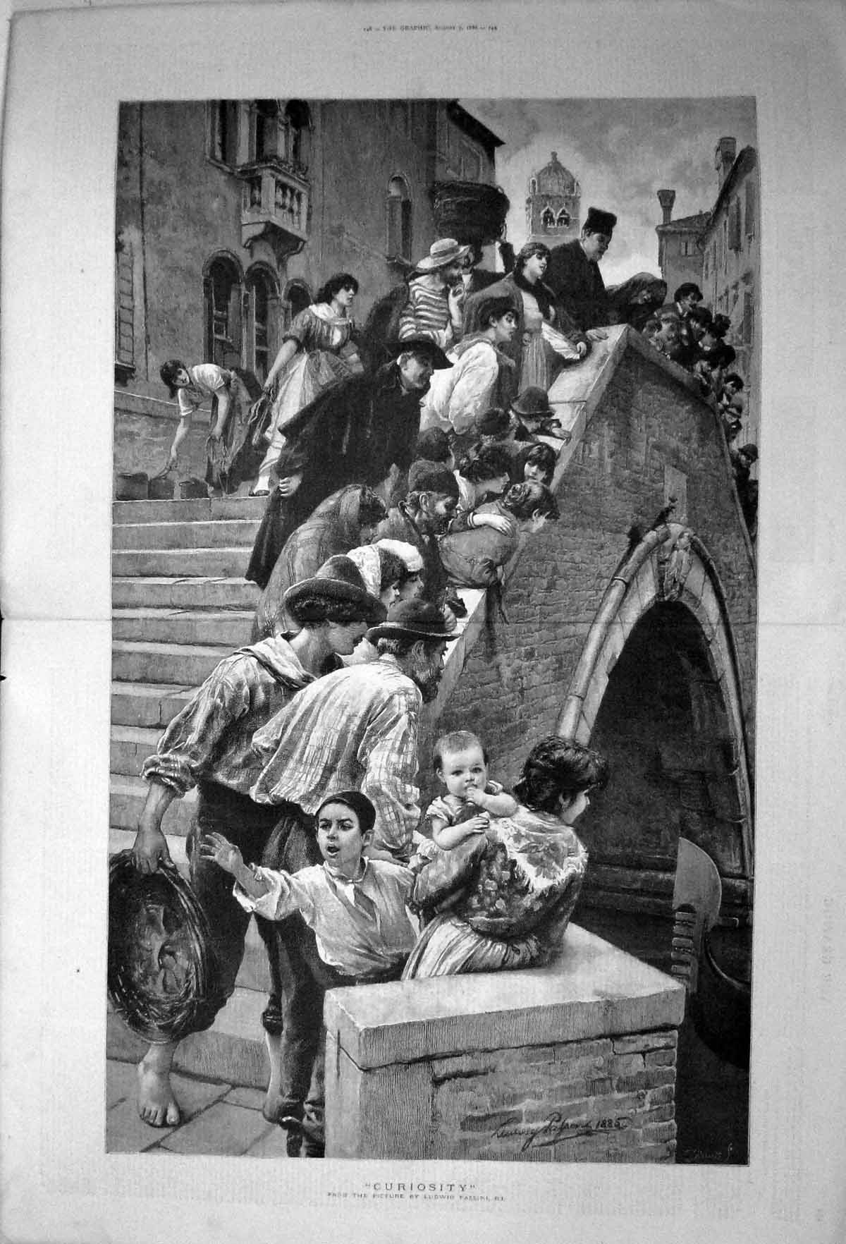 Old 1886 Curiosity Ludwig Passini Children Bridge Steps Canal Boat Fi Victorian
