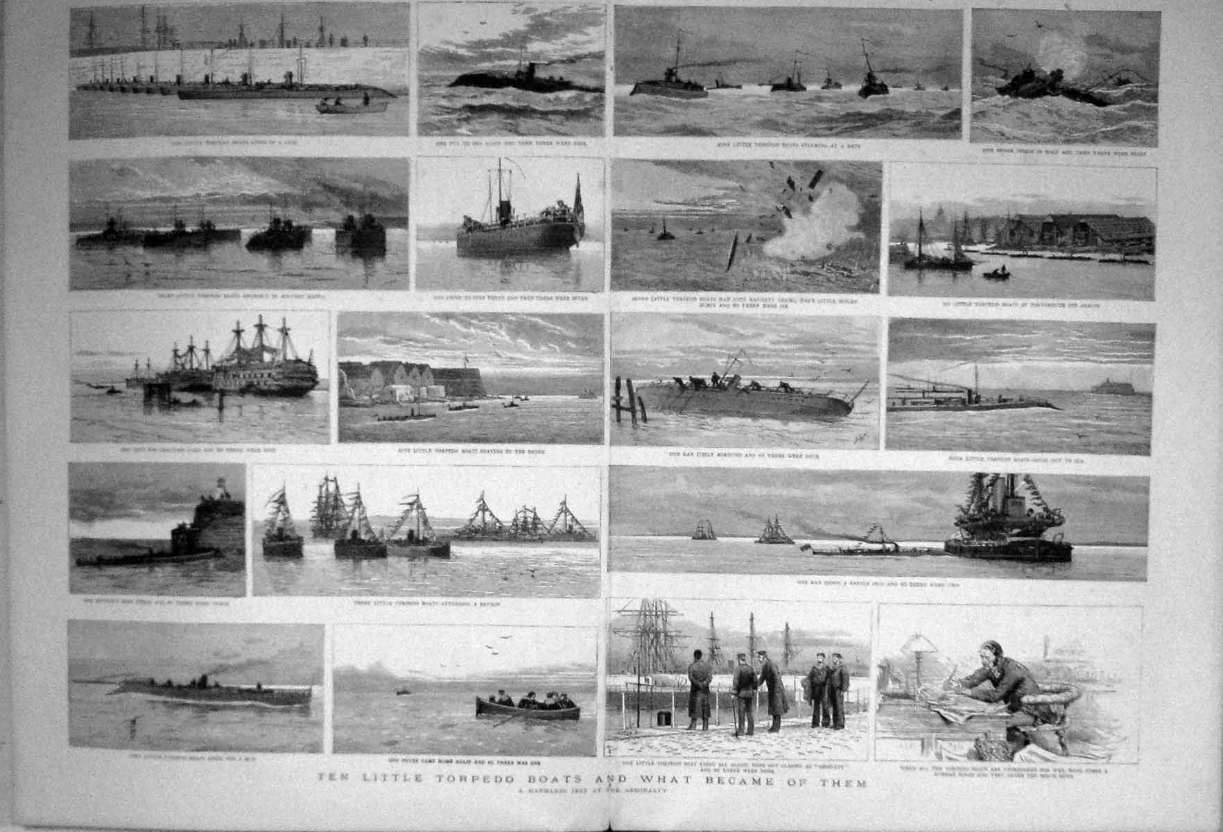 Old Print 1889 Torpedo Boats Ships Portsmouth Milford Haven Chatham Yard 19th