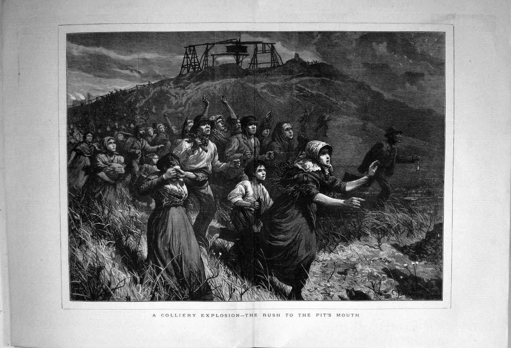 Antique Print 1880 Colliery Explosion Scene Rush Pit Mouth Mining Fine Art 19th