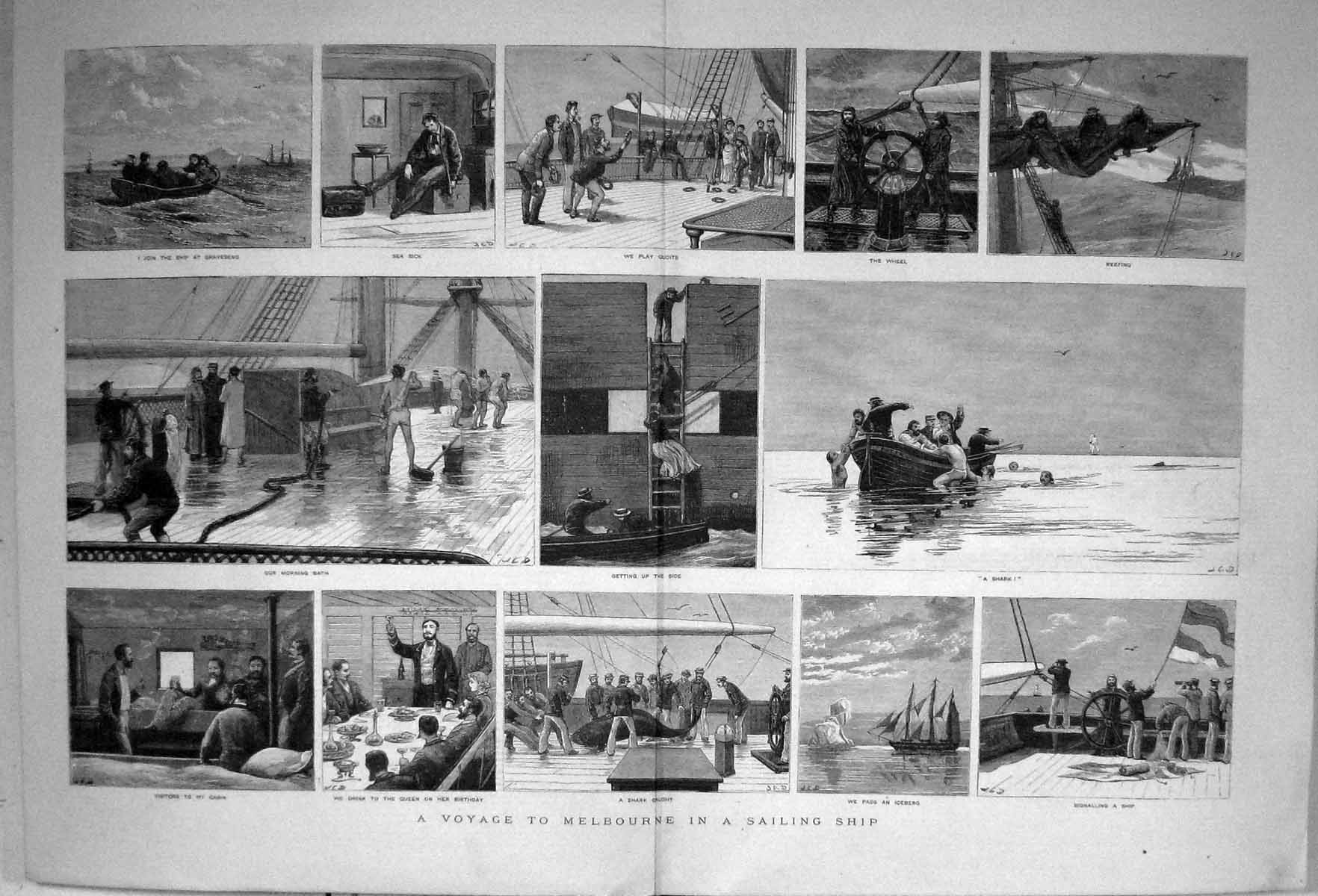 Antique Old Print 1881 Sailing Ship Melbourne Passenger Swimming Morning Bath