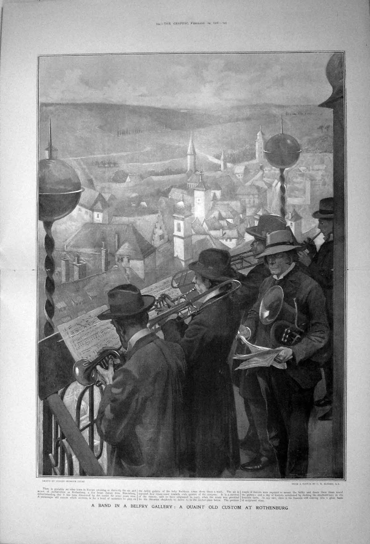Original Old Antique Print 1906 Music Band Belfry Gallery Custom Rothenburg