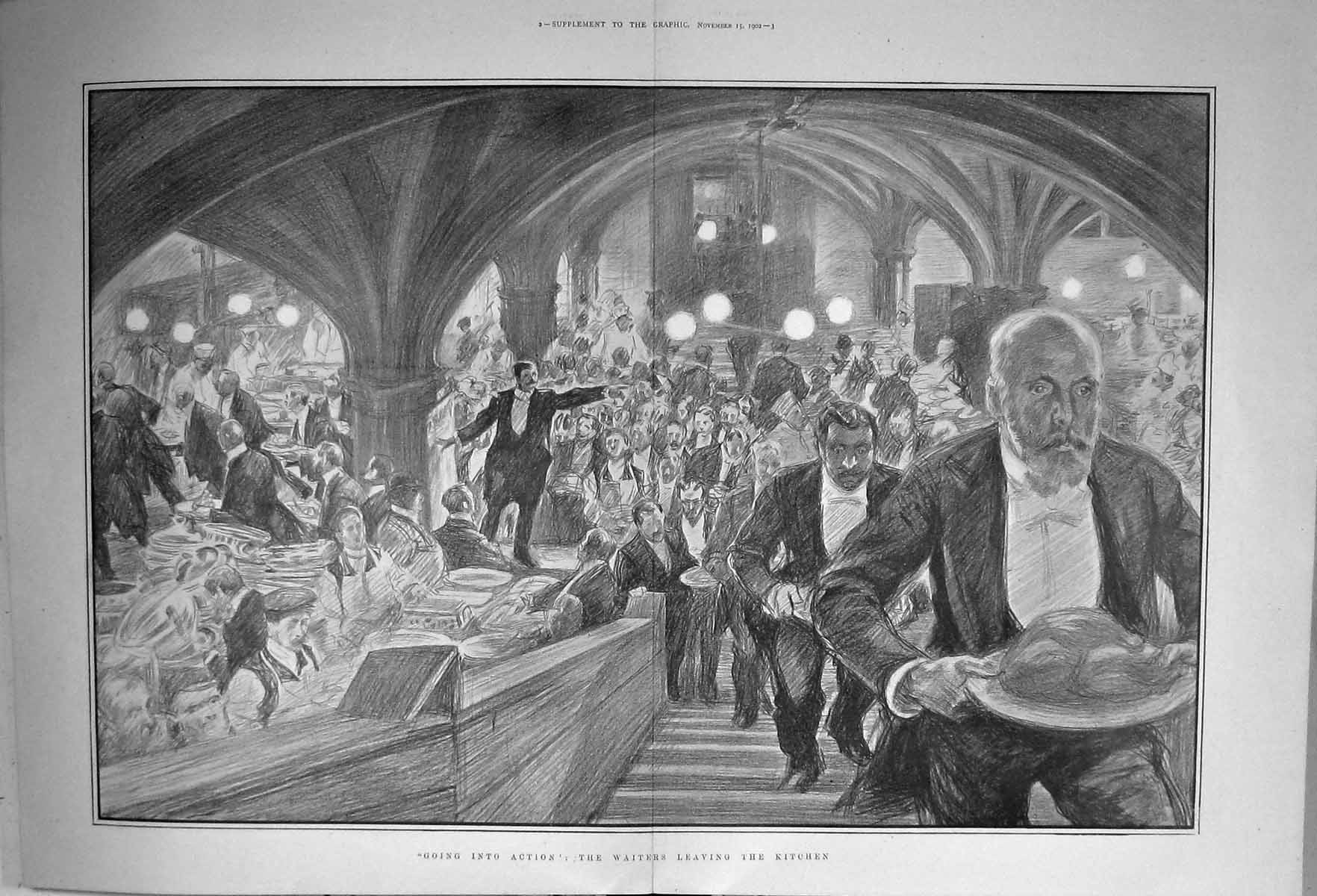 Antique Old Print 1902 Lord Mayors Banquet Guildhall Waiters Leaving Kitchen