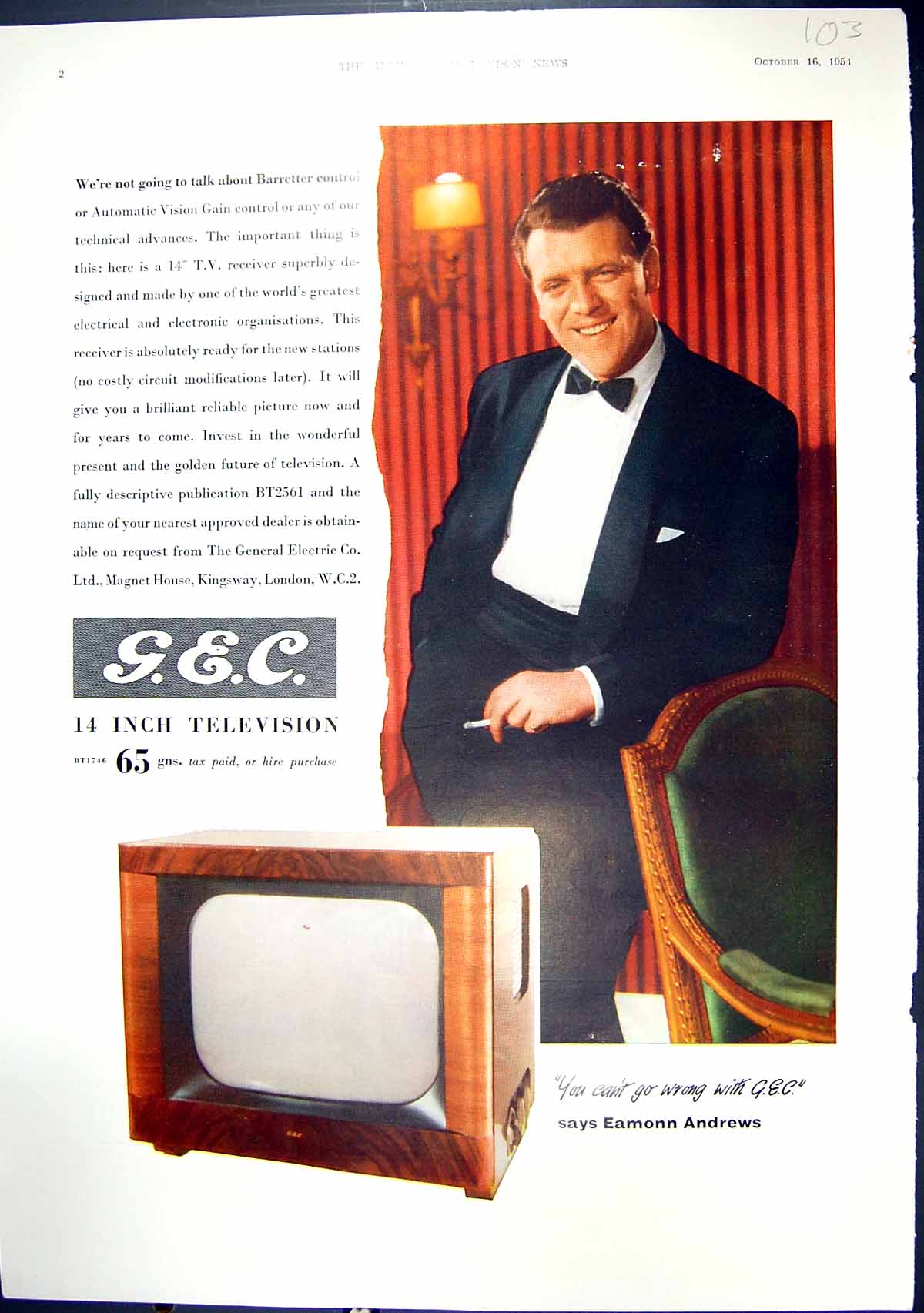 Old Print 1954 G.E.C. 14 Inch Television Eamonn Andrews General Electric 20th