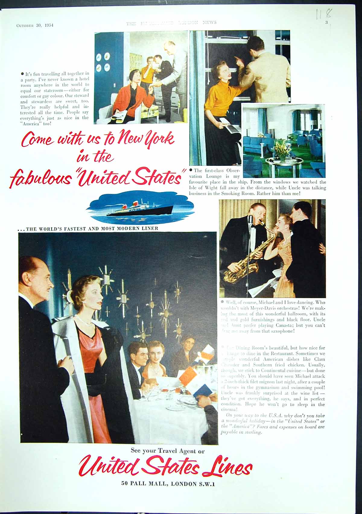 Antique Old Print 1954 United States Liner Ship Albert Reed Paper Piccadilly