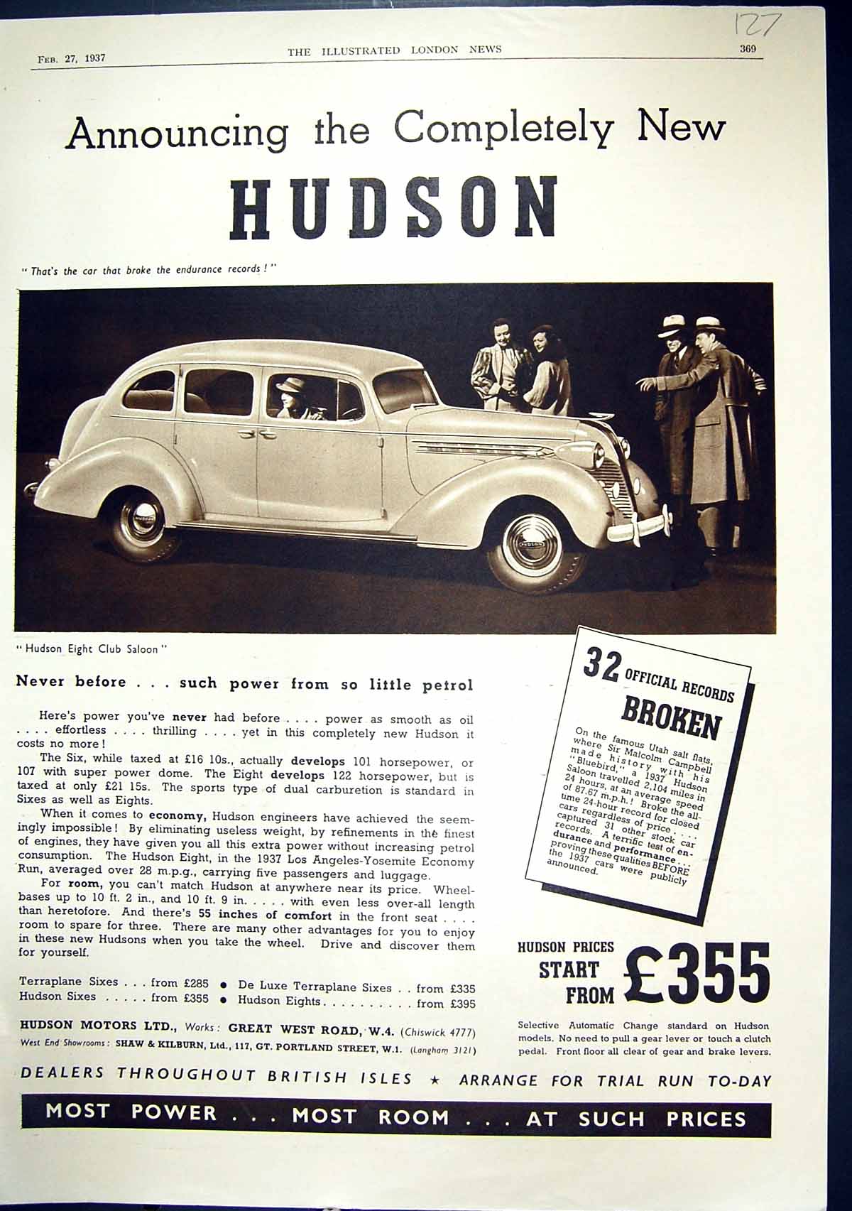 Old Advertisement 1937 Hudson Eight Club Saloon Motor Car Forhans Whi 20th