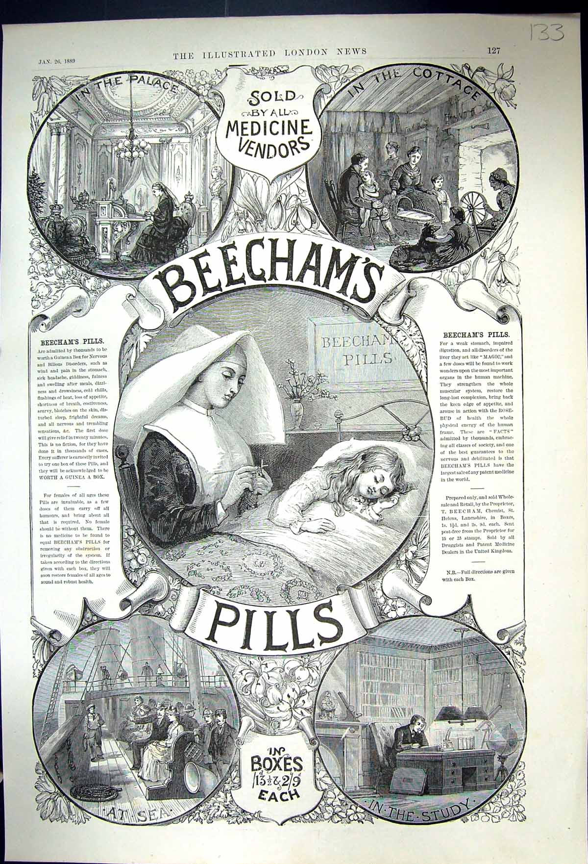 Antique Print 1889 Beechams Pills Hospital Nurse Nestle Himrod Blair'S Gout