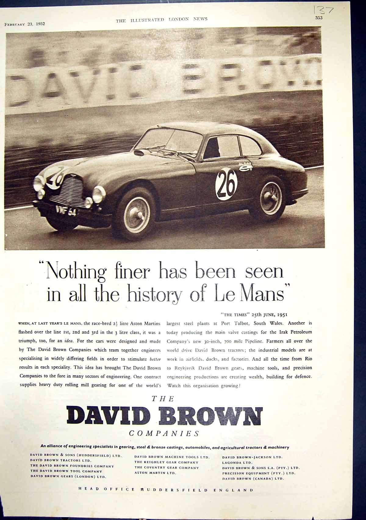 Old Advertisement 1952 David Brown Motor Car Ford Braemar Hoover Clea 20th