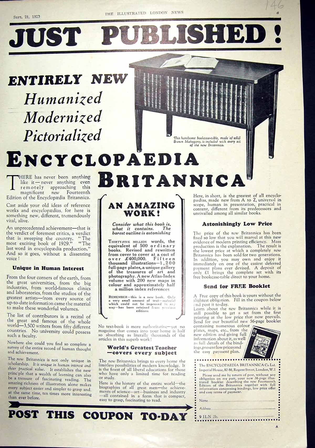 Old 1929 Encyclopaedia Britannica Buchanan'S Black White Scotch Whisk 20th