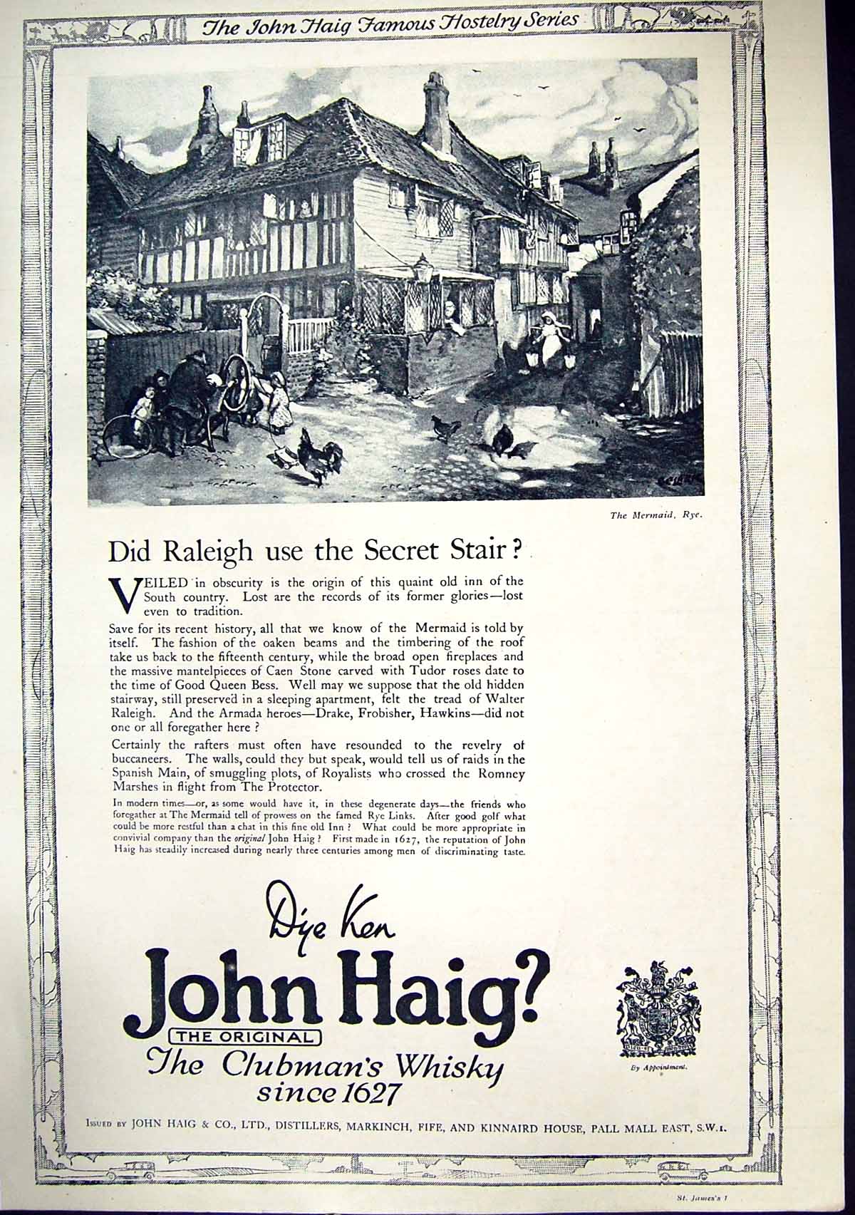 Old Print 1923 John Haig Scotch Whisky Mappin Webb Prince'S Plate Cutlery 20th
