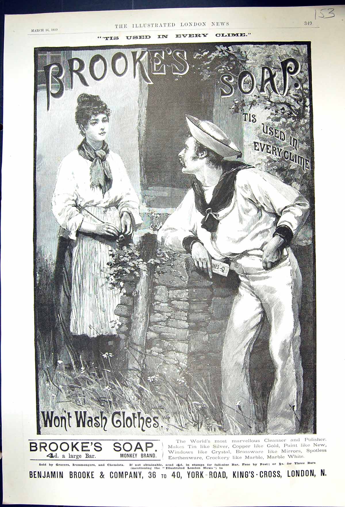 Old Advertisement 1889 Brooke'S Monkey Brand Soap Kropp Razor Cresole Victorian