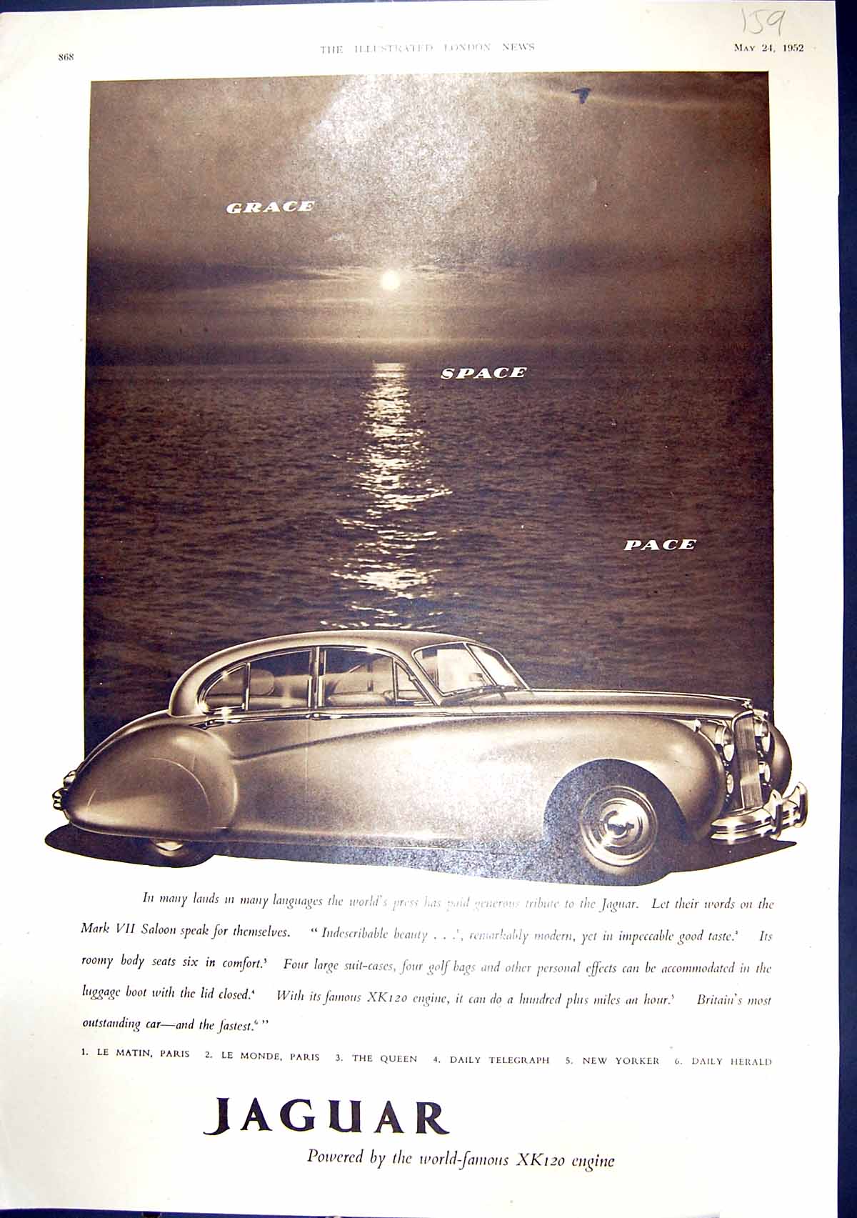 Old Print 1952 Jaguar Motor Car Saloon Medway Paper Sacks British Airways 20th