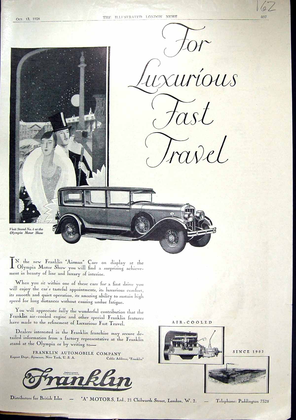 Old Print 1928 Franklin Motor Car Thickford Salmons Olympia Hadfield Bean 20th