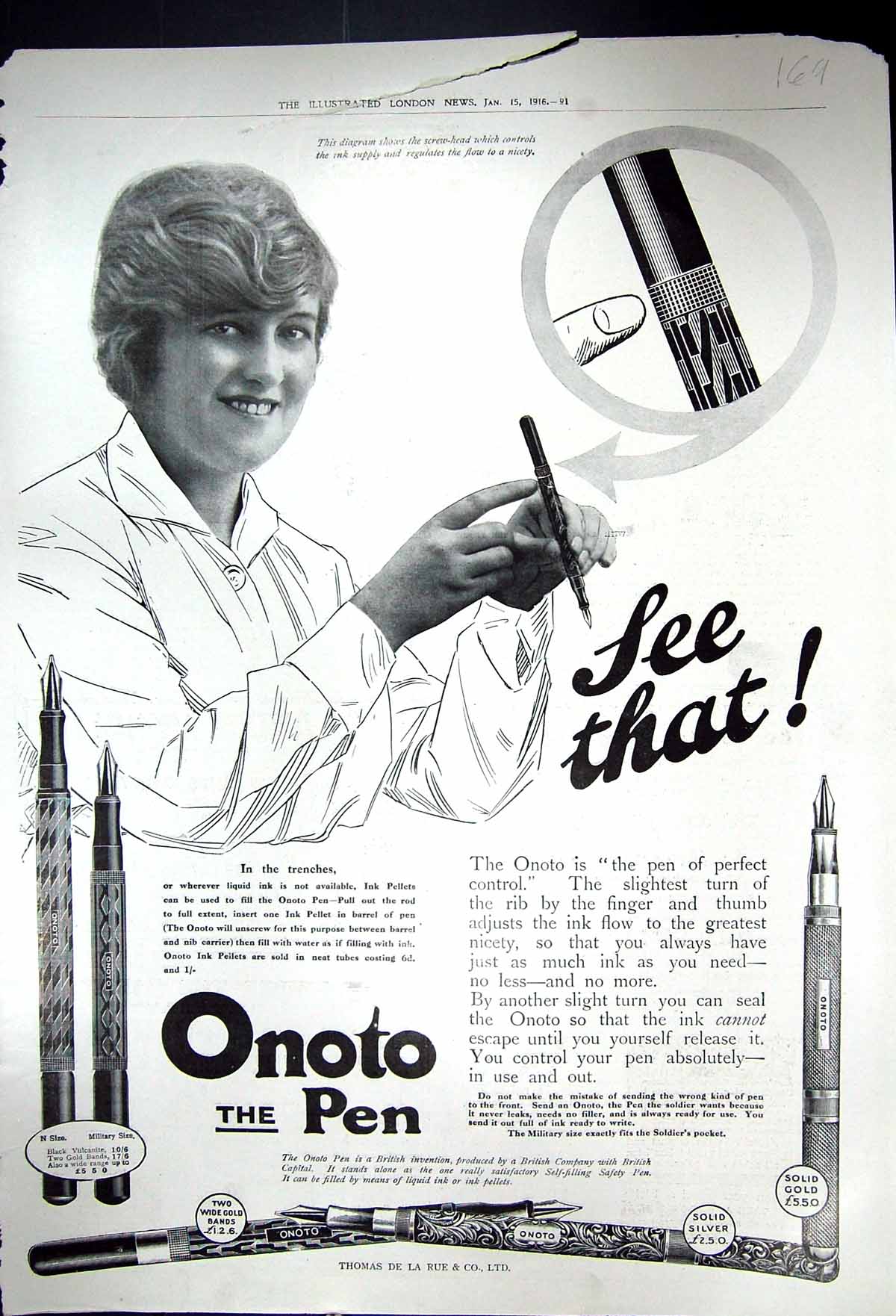 Old Print 1916 Onoto Fountain Pen Thomas Rue Allcocks Plasters Cigarettes 20th