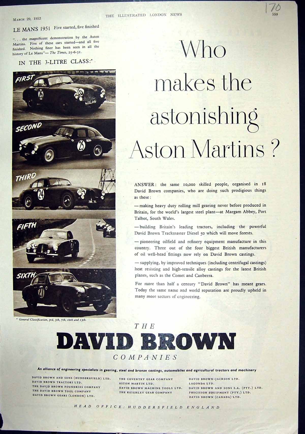 Antique Old Print 1952 David Brown Motor Cars Gordons Gin Medway Paper Sacks
