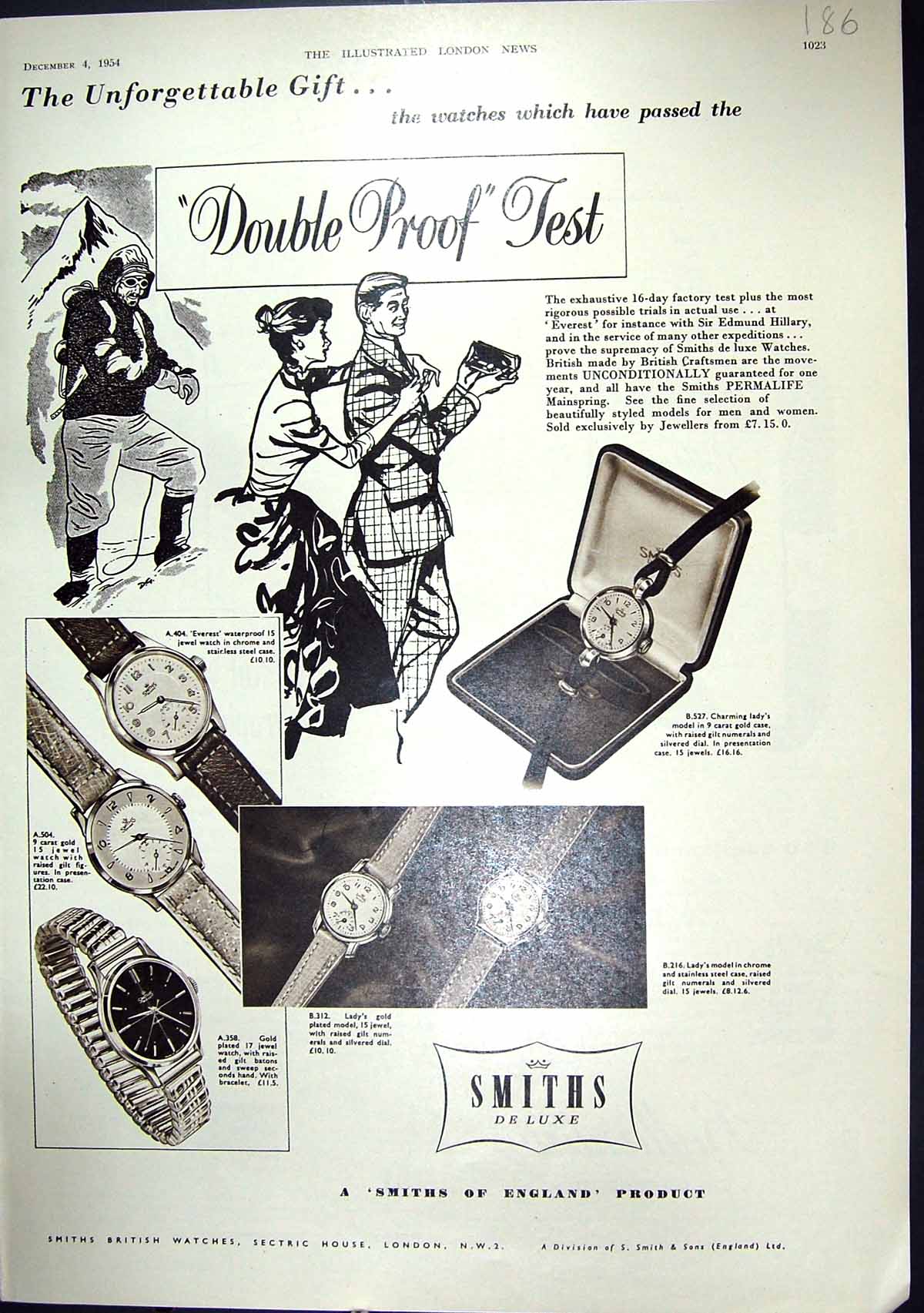 Old Print 1954 Smiths British Watches Ballantines Scotch Whisky Williams 20th
