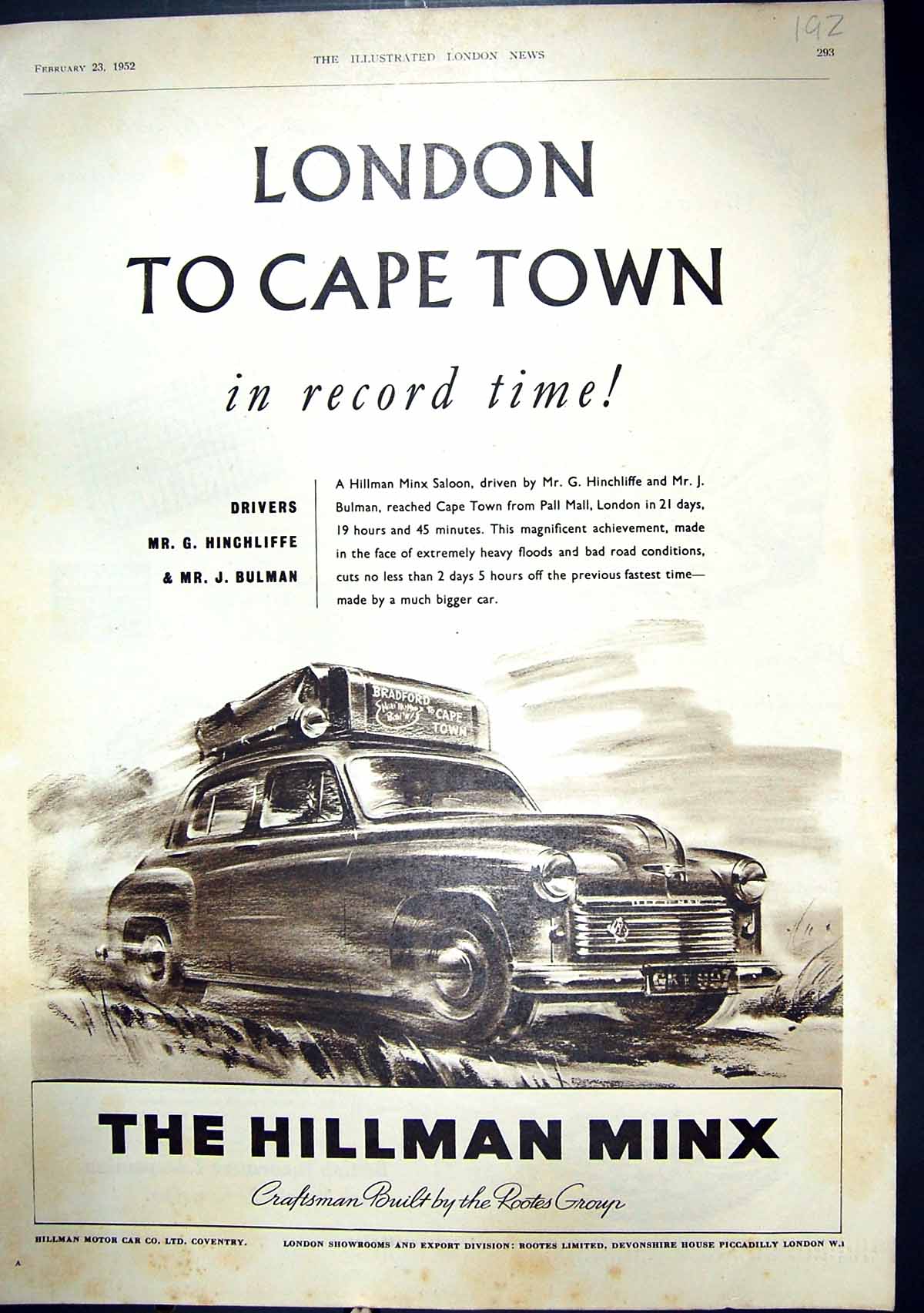 Antique Print 1952 Hillman Minx Motor Car Ind Coope'S Double Diamond Harris
