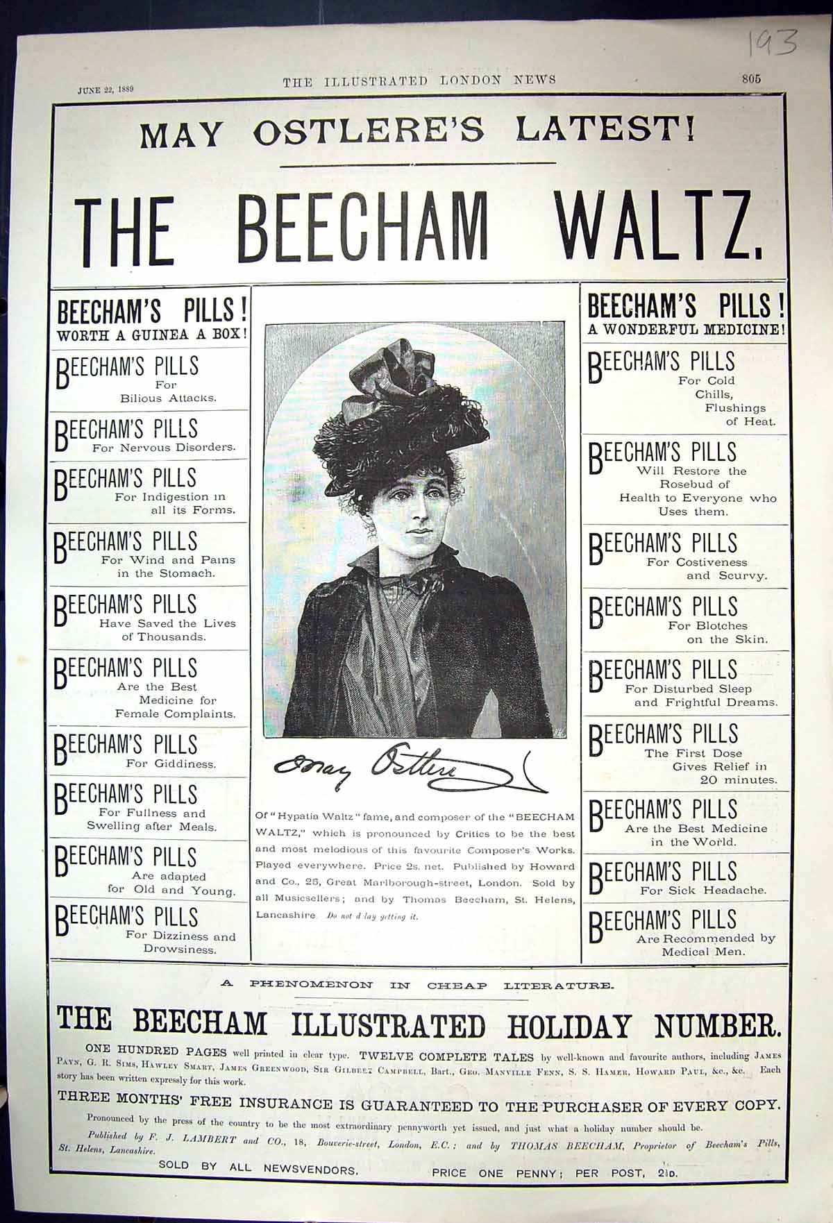 Old Print Advertisement 1889 Beechams Pills Hypatia Waltz Holiday Number 19th