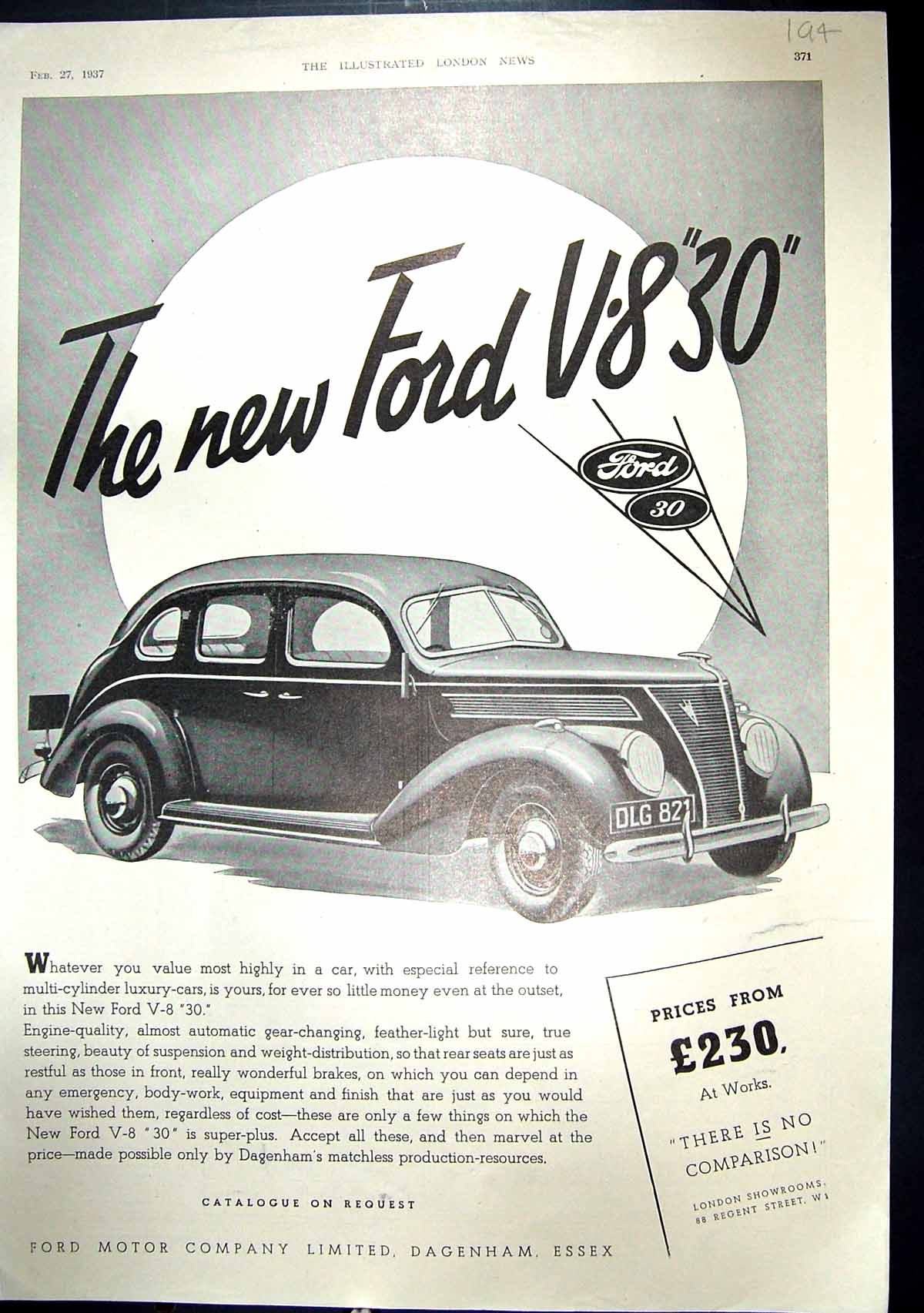 Old Print Advertisement 1937 Ford Motor Car Company Dagenham Essex V.8 30 20th