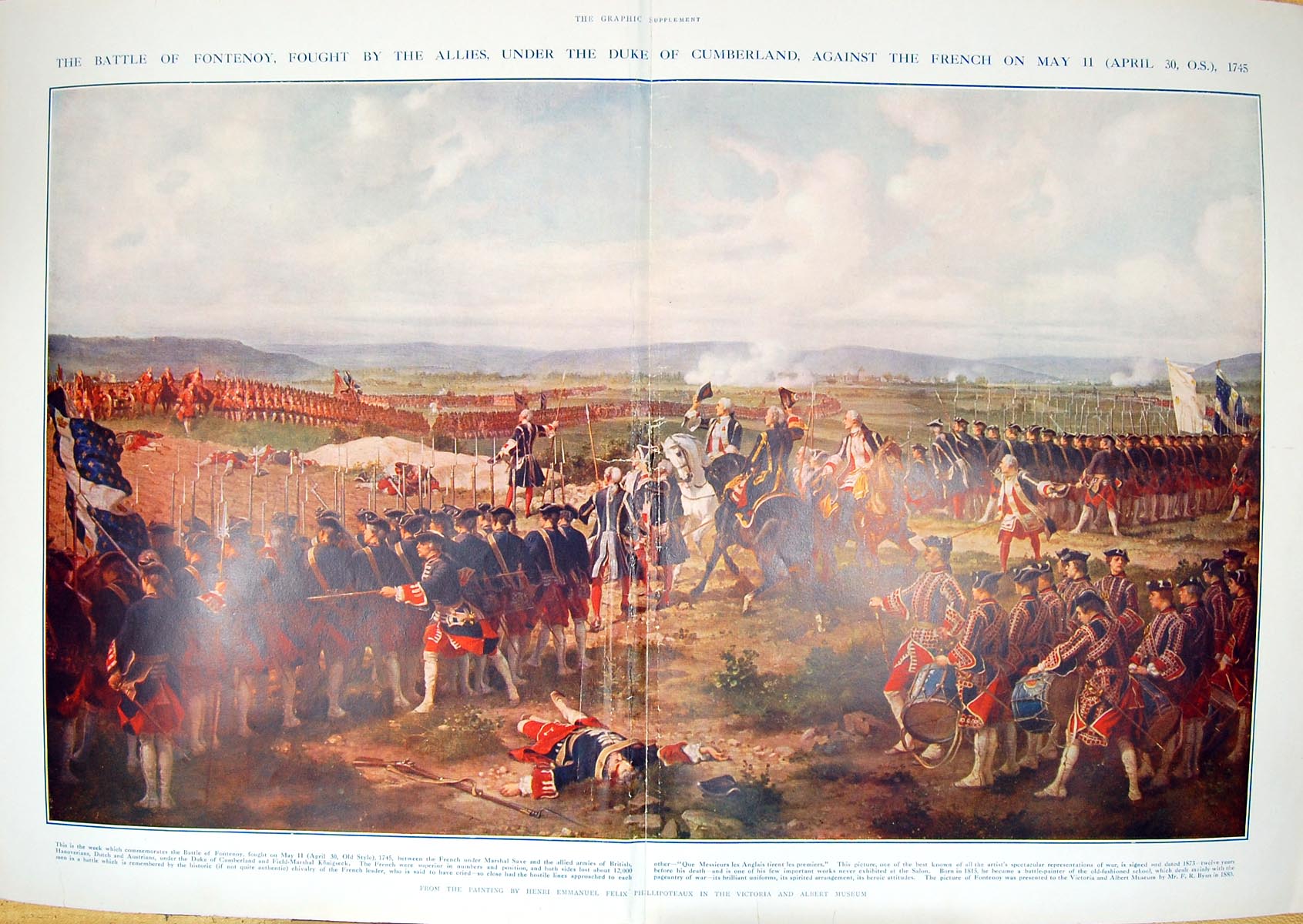 Old Print Damaged C1900 War Battle Fontenoy Duke Cumberland French Siers 20th