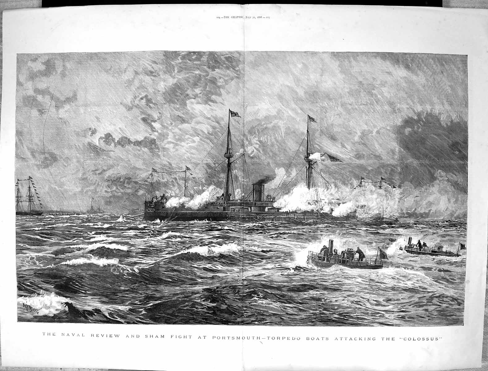 Old 1886 Naval Review Sham Fight Portsmouth Torpedo Boats Attacking C Victorian