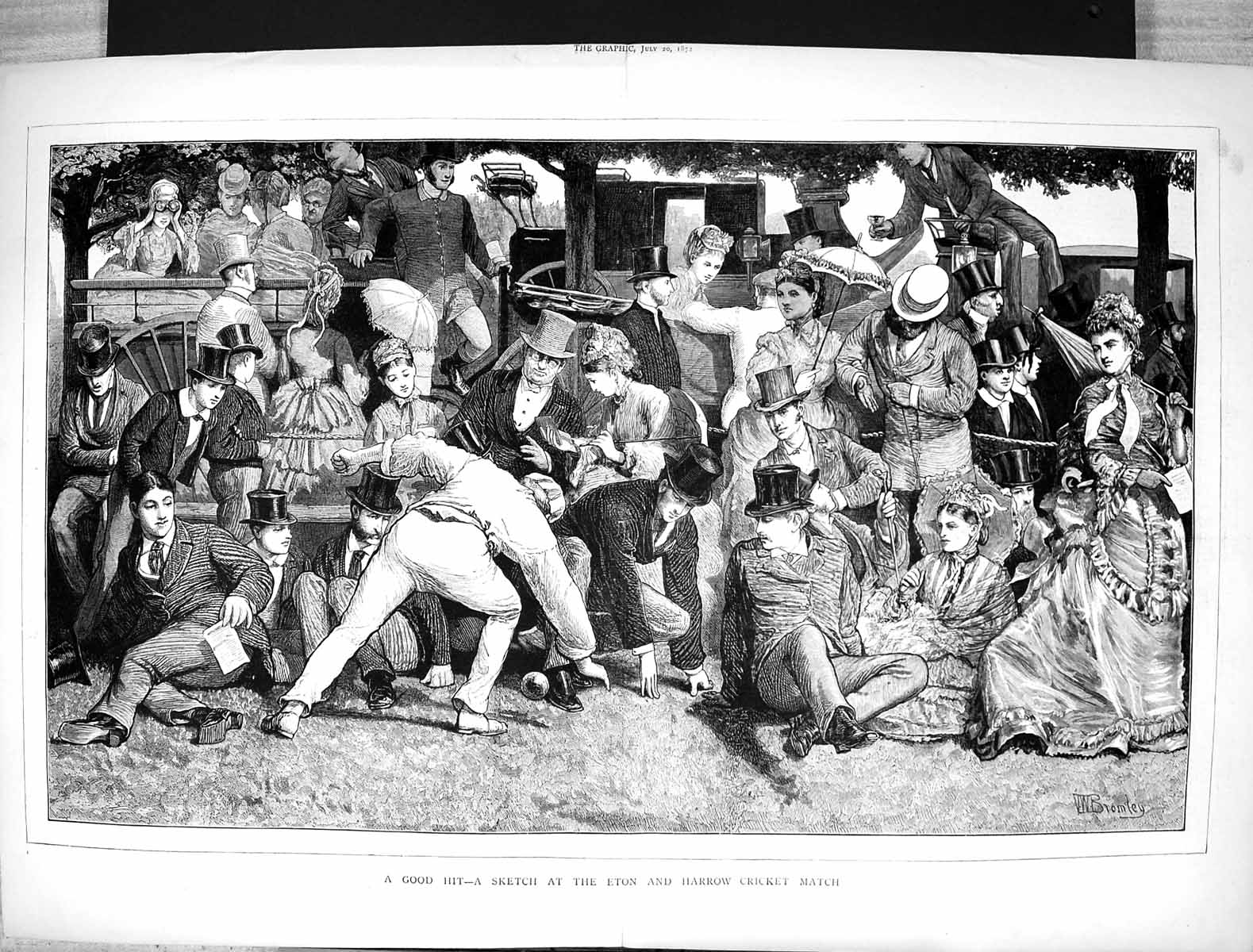 Old 1872 Scene Eton Harrow Cricket Match Sport Men Spectators Fine Ar Victorian