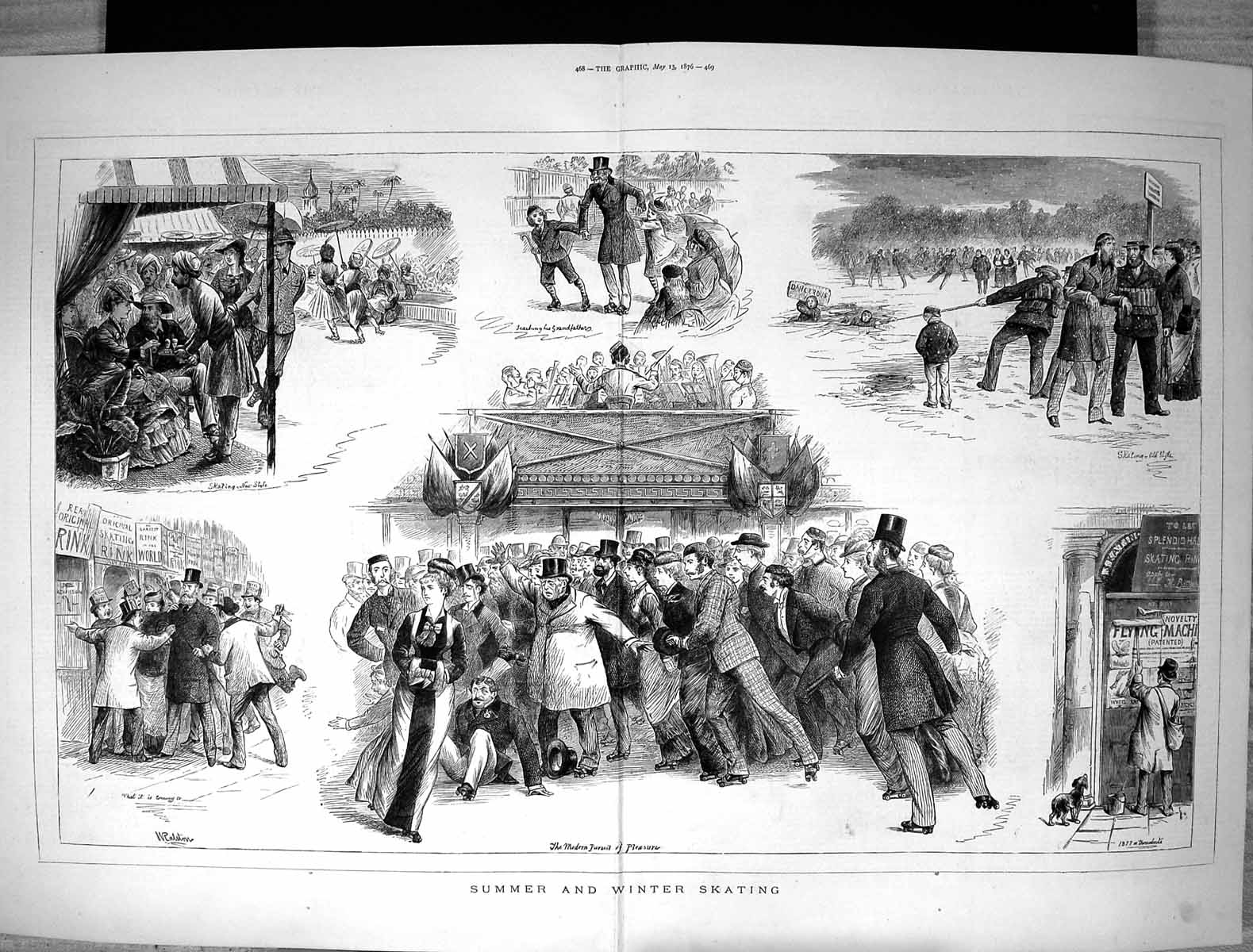 Antique Print 1876 Summer Winter Ice Roller Skating Sport Fun Entertainment