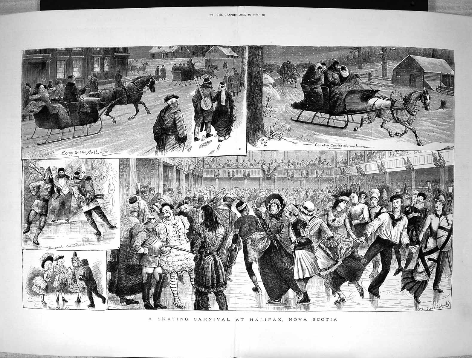 Old 1880 Ice Skating Carnival Halifax Nova Scotia Canada Horse Sledge Victorian