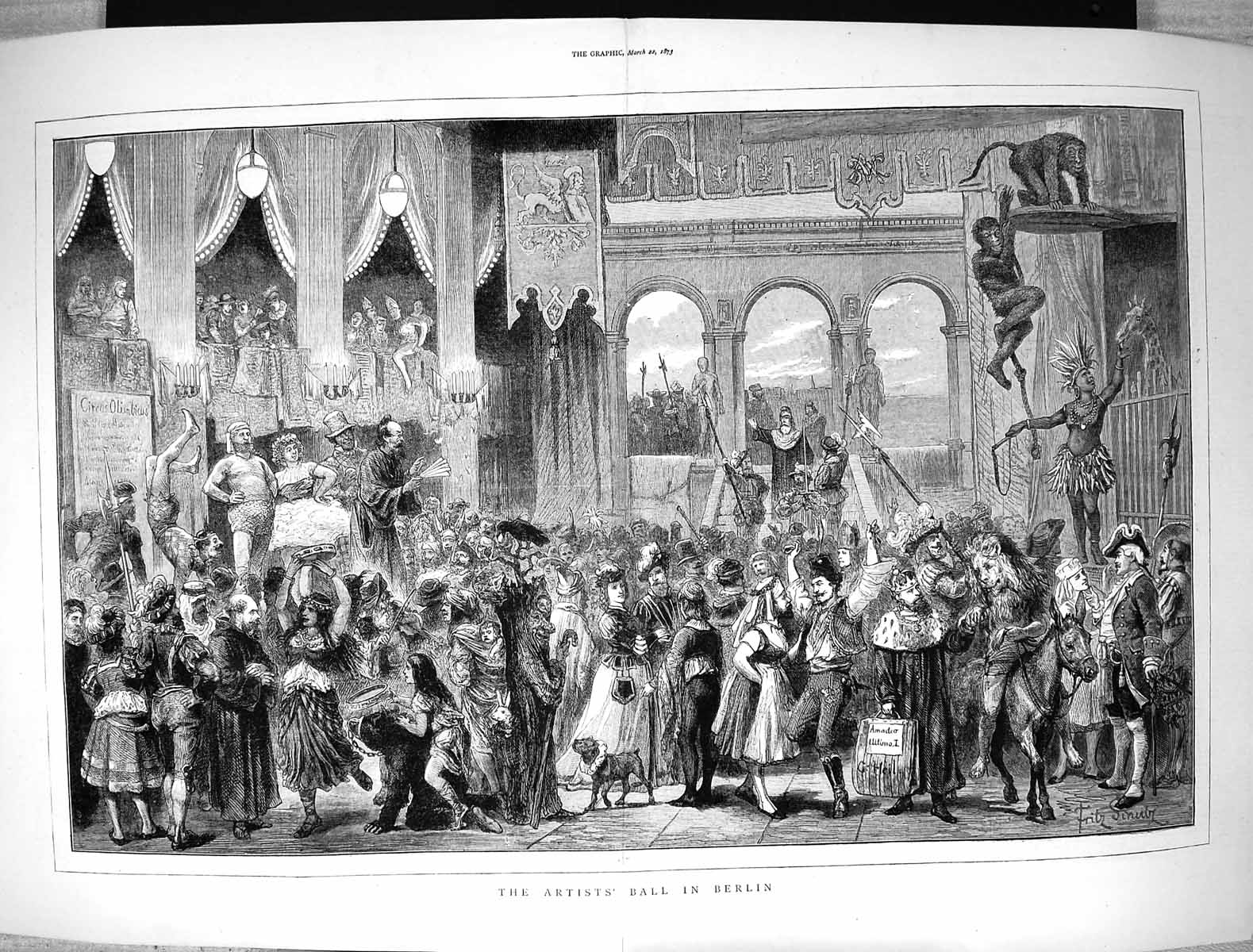 Old Antique Print 1873 Scene Artists Ball Berlin Germany Dancing Romance 19th