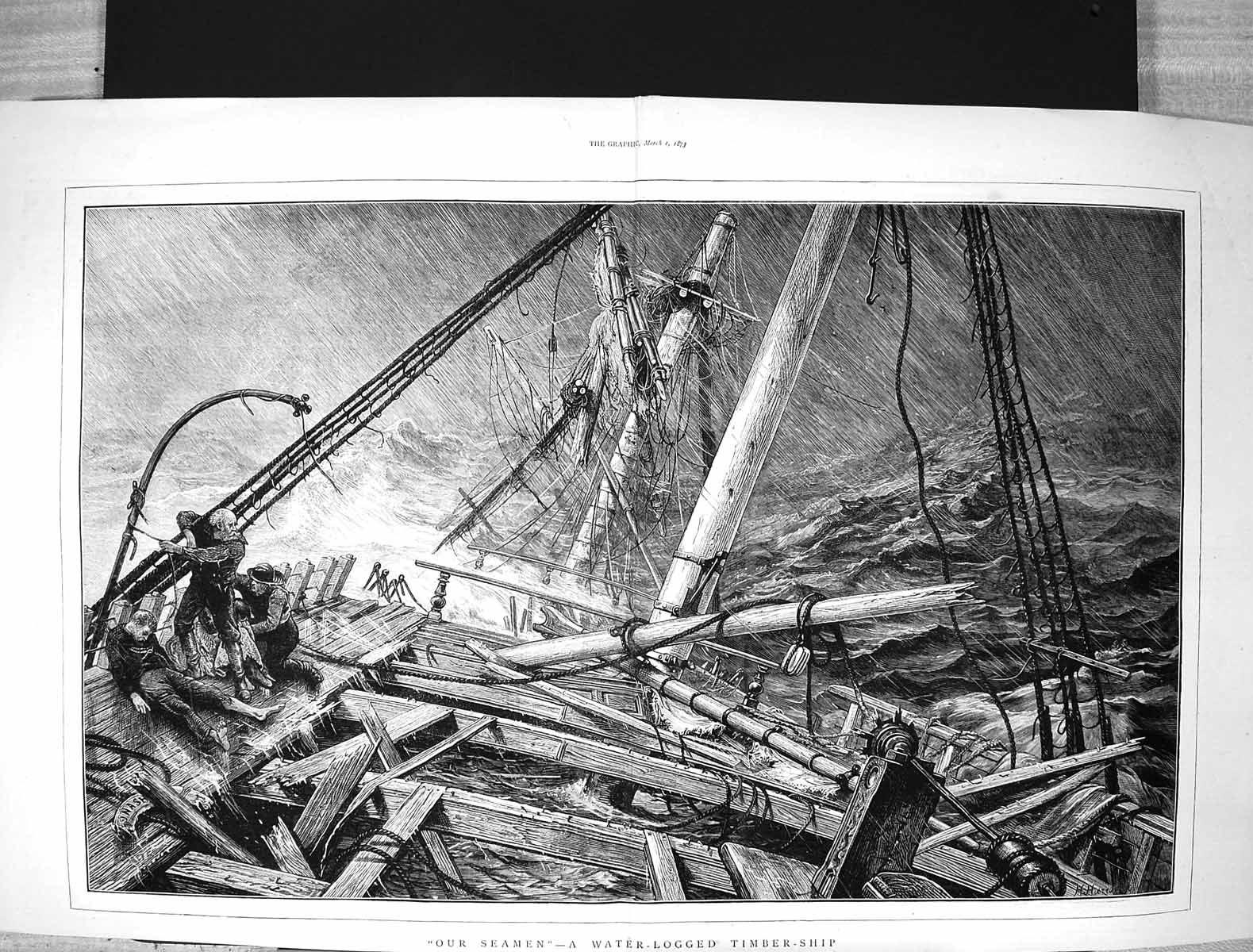 Old 1873 British Seamen Water-Logged Timber Ship Wreck Stormy Sea Fin Victorian