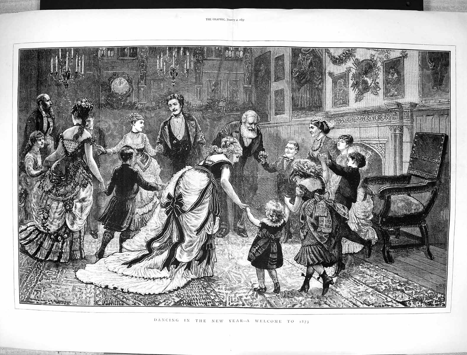 Old Antique Print 1873 Dancing New Year Celebrations Family Home Fine Art 19th