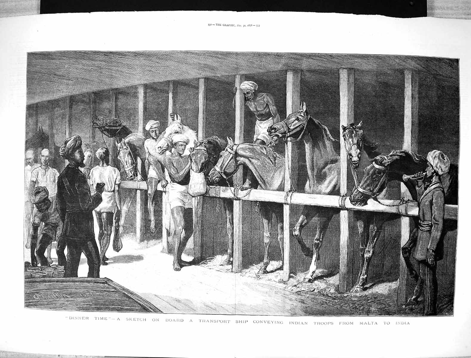 Old 1878 Dinner Time Transport Ship Indian Troops Malta India Horses Victorian
