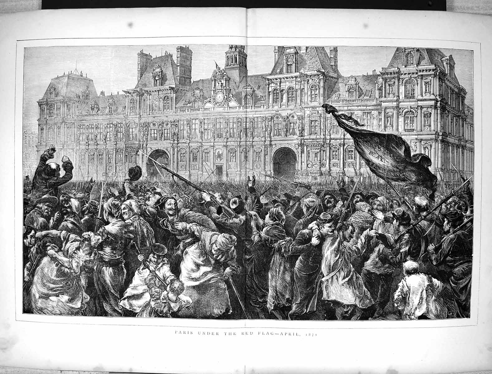 Antique Print 1871 Paris France Under Red Flag Siers Rifles Demonstration 19th