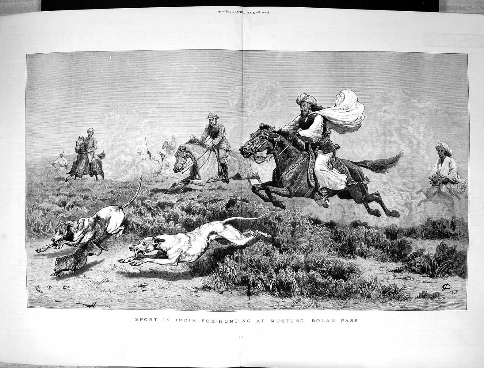 Old 1880 Sport India Fox Hunting Mustung Bolan Pass Hunters Hounds Do Victorian