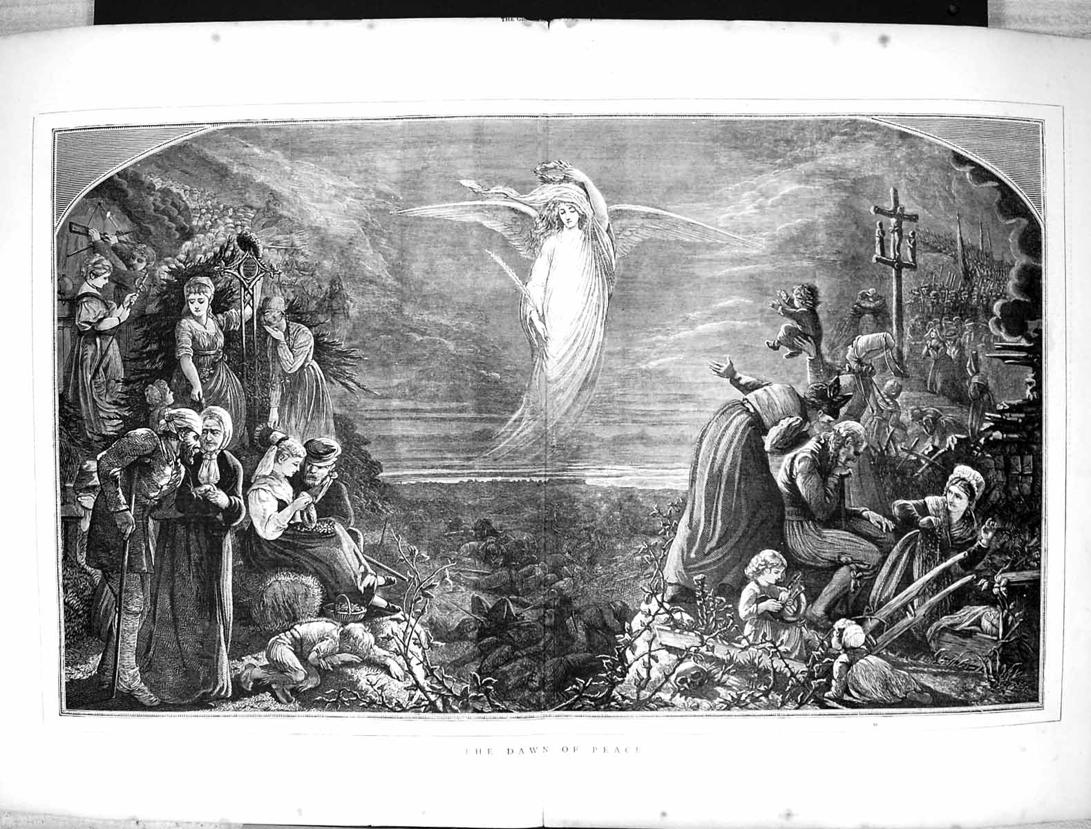 Original Old Antique Print 1871 Dawn Peace Vision Angel Families Fine Art 19th