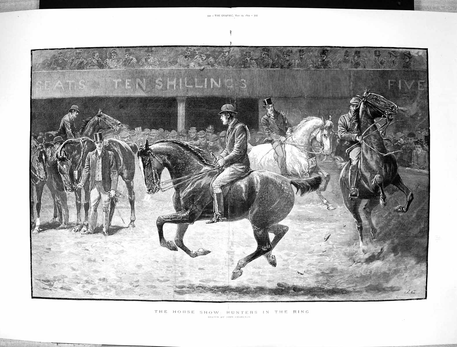Original Old Antique Print 1909 Horse Show Hunters in the Ring 20th Century