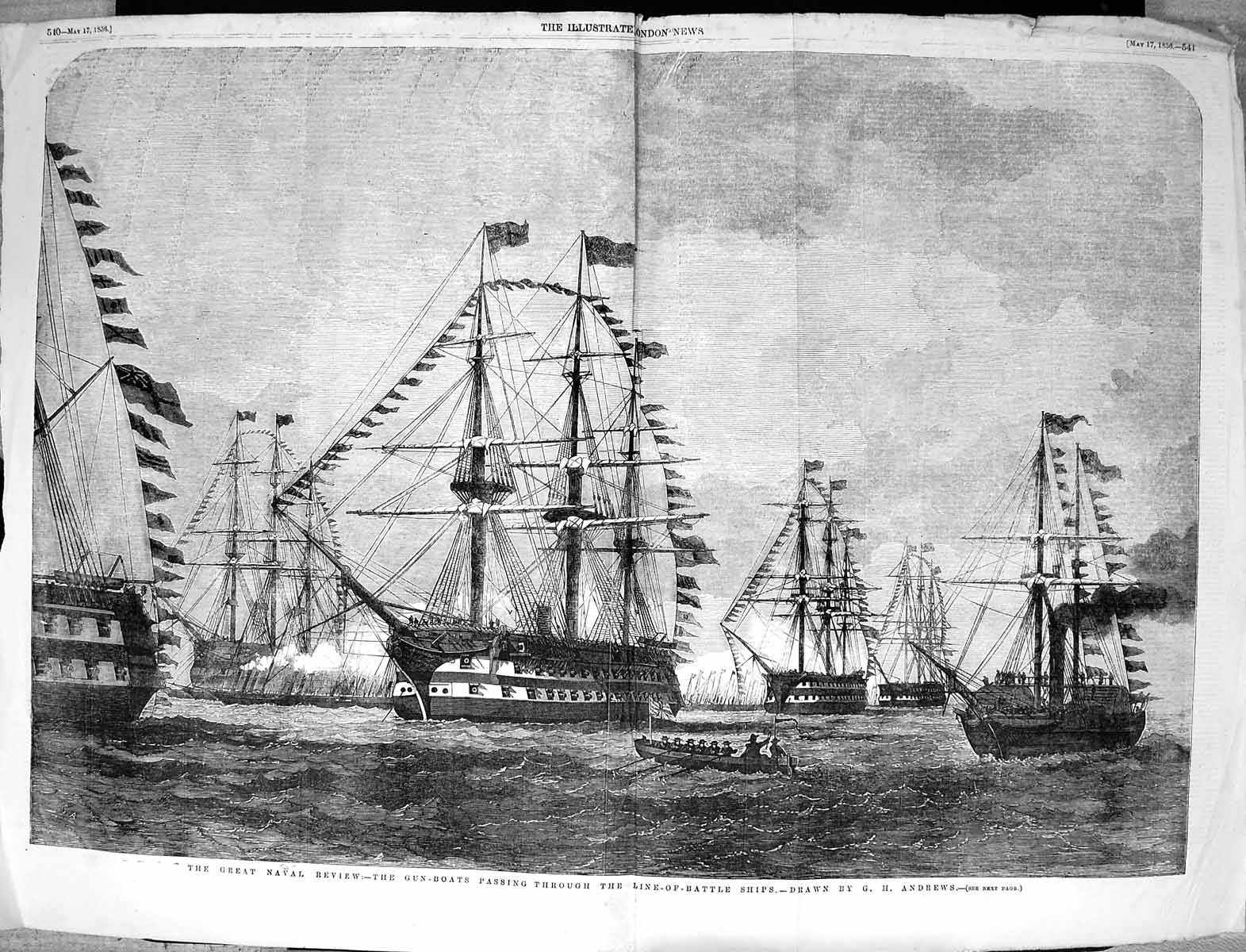 Original Old Antique Print 1856 Naval Review Gun Boats Line-Ob-Battle War Ships