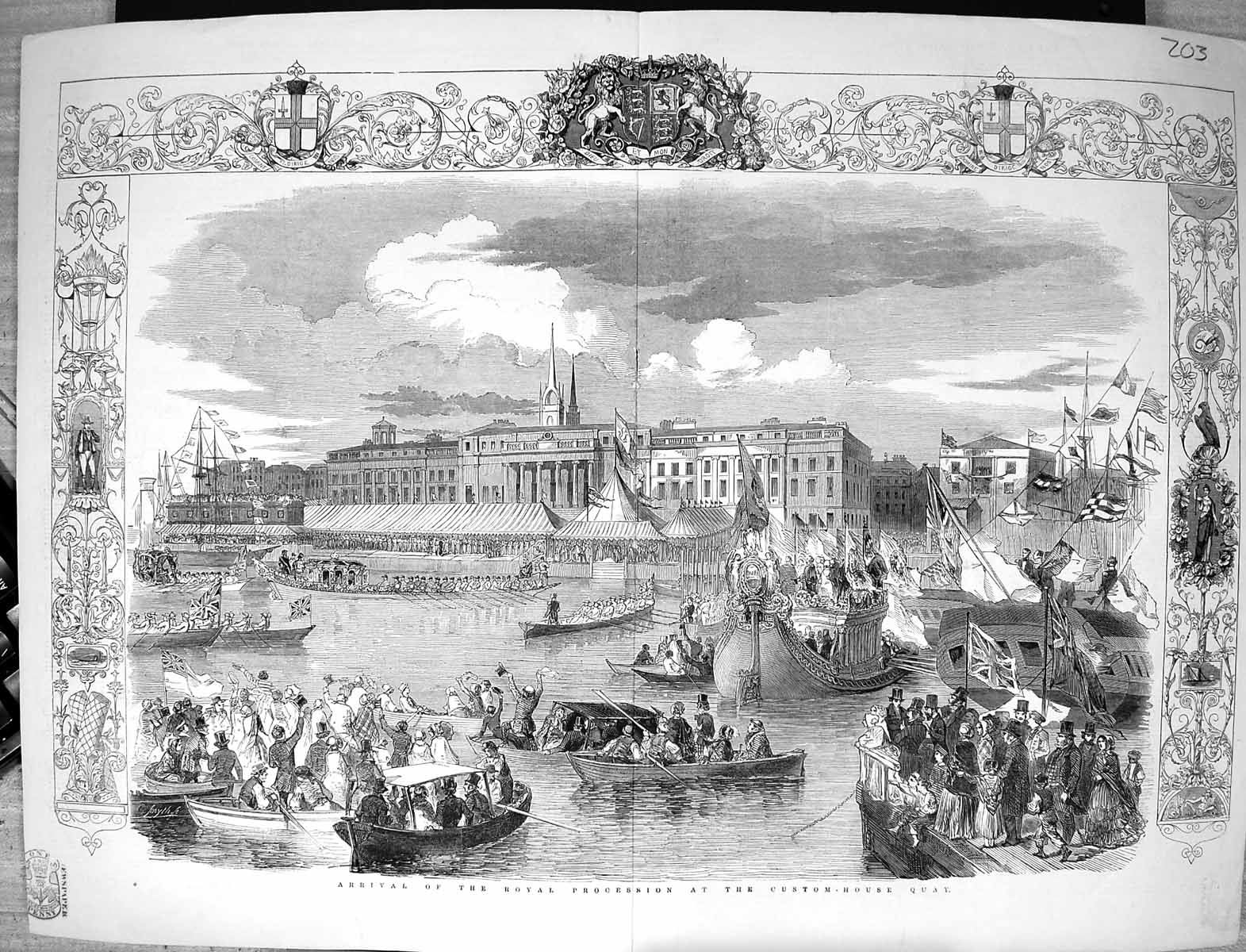 Old 1849 Scene Arrival Royal Procession Custom-House Quay Ireland Boa Victorian
