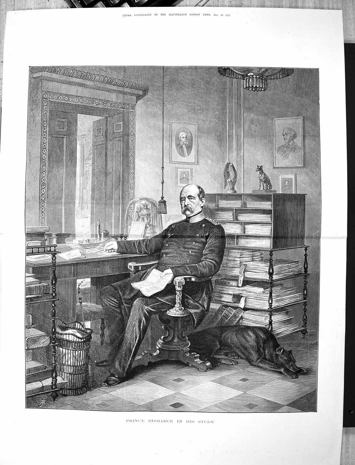 Original Old Antique Print 1875 Fine Art Prince Bismarck Study Pet Dog Books