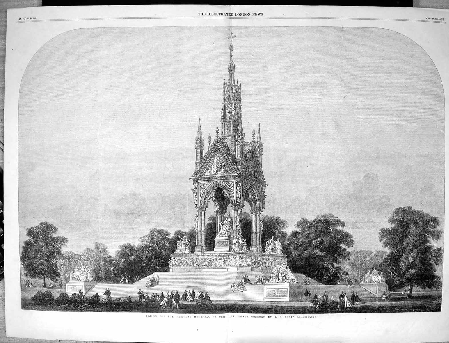 Antique Old Print 1863 Architecture National Memorial Prince Consort Scott 19th