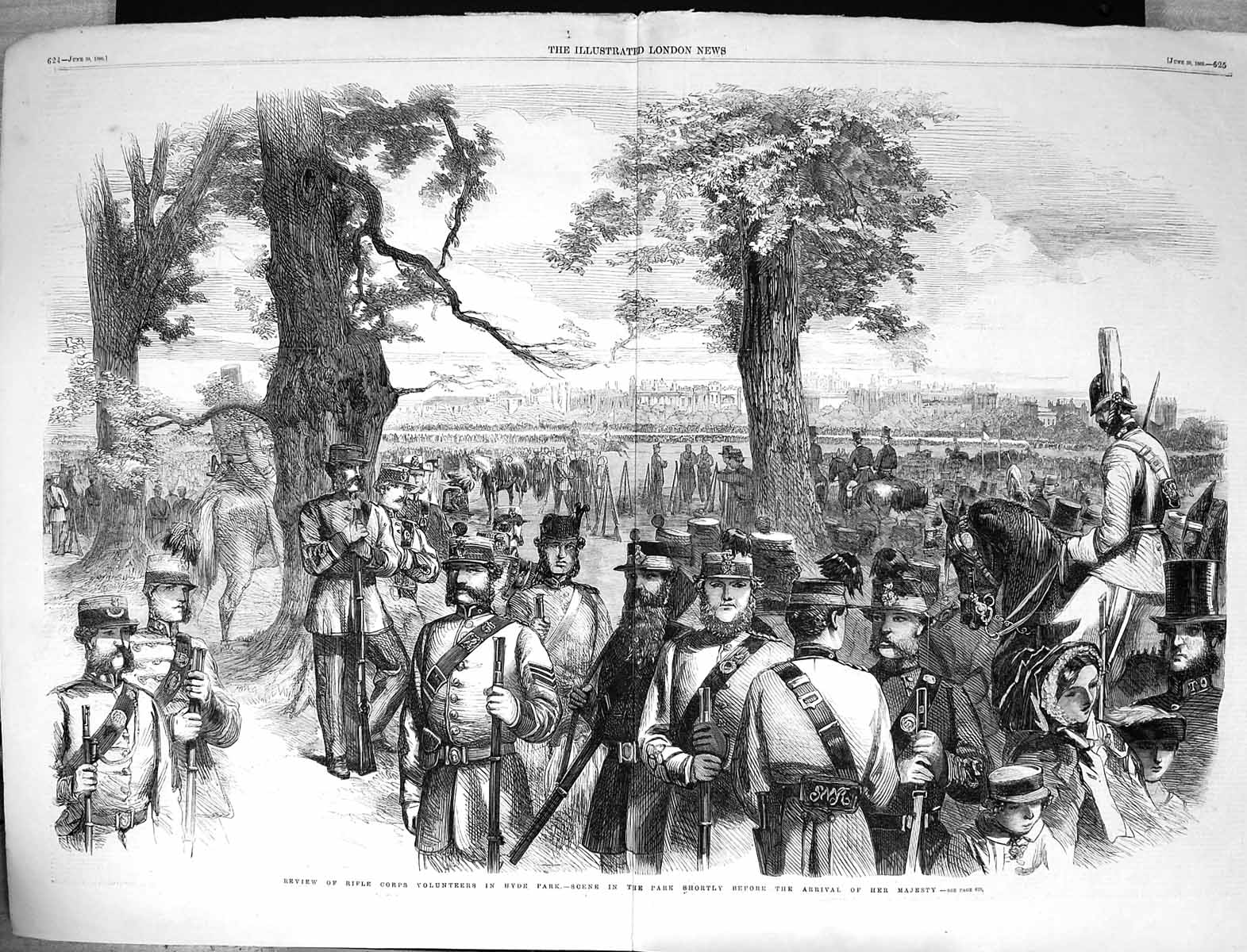 Old Antique Print 1860 Review Rifle Volunteers Hyde Park London War Siers 19th