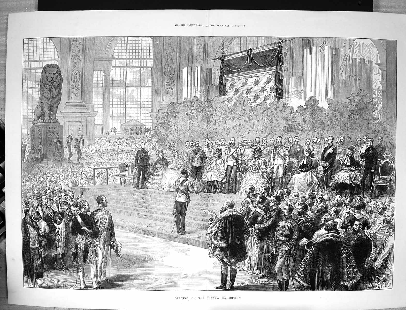 Original Old Antique Print 1873 Scene Opening Vienna Exhibition Austria Royalty