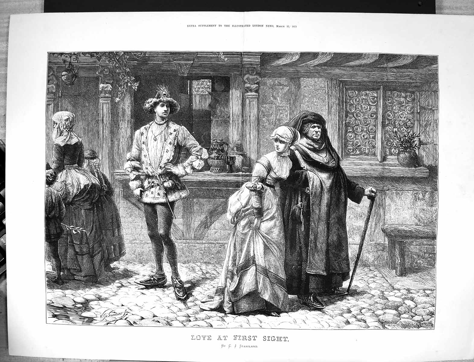 Original Old Antique Print 1873 Love At First Sight Man Lady Romance Staniland