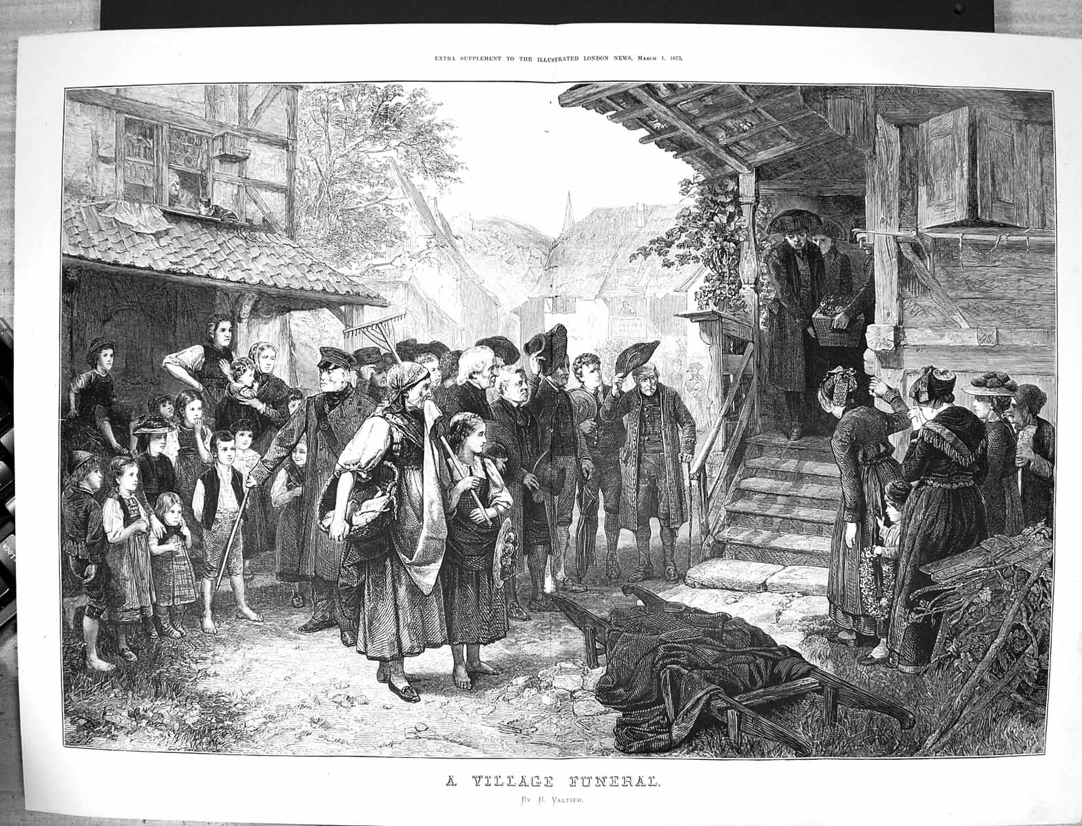 Antique Old Print 1873 Scene Village Funeral Mourners Coffin Vautier Fine Art