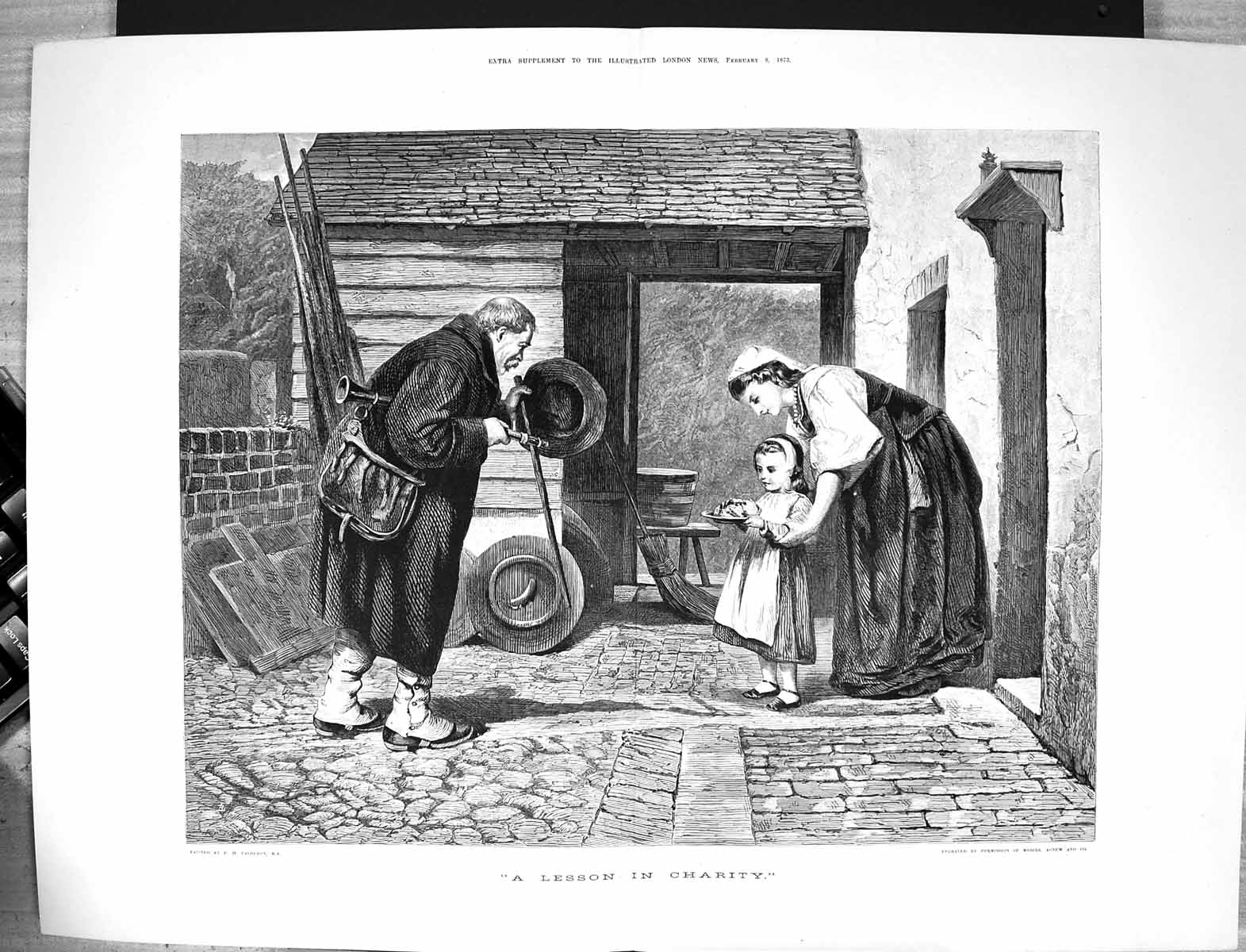 Old Print 1873 Lesson Charity Little Girl Food Plate Mother War Sier Cal 19th
