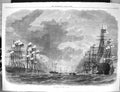 Original Old Antique Print 1867 War Ships Review Spithead Flags Boats Victorian