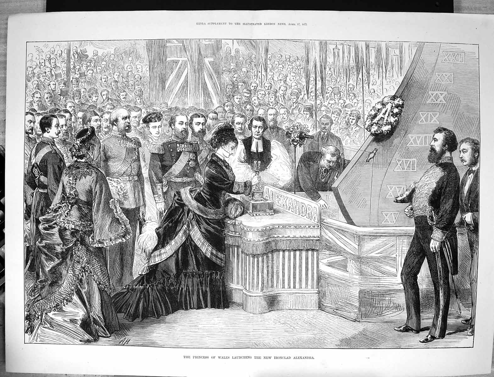 Antique Old Print 1875 Princess Wales Launching New Ironclad Ship Alexandra