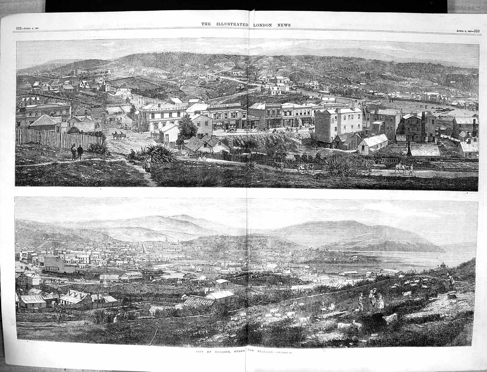 Old 1867 Panoramic View City Dunedin Otago New Zealand Octagon Family Victorian