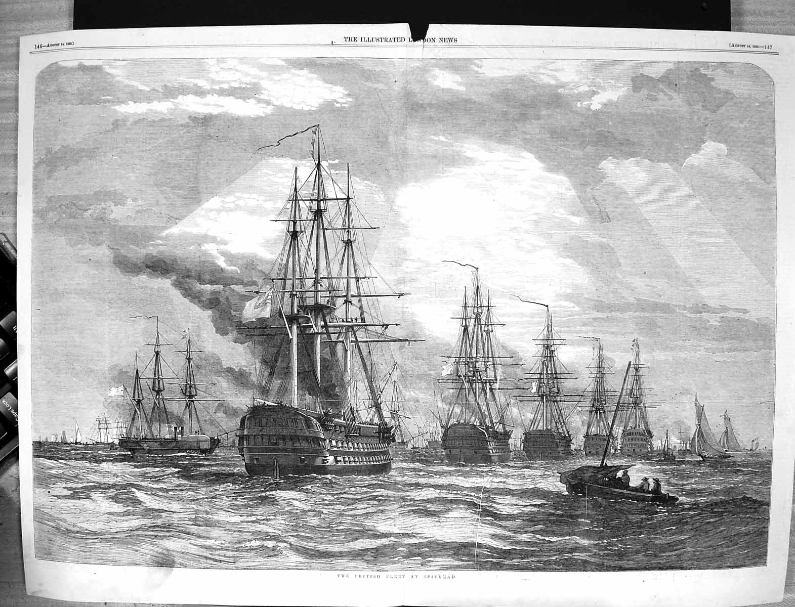 Original Old Antique Print 1858 British Fleet War Ships Spithead 19th
