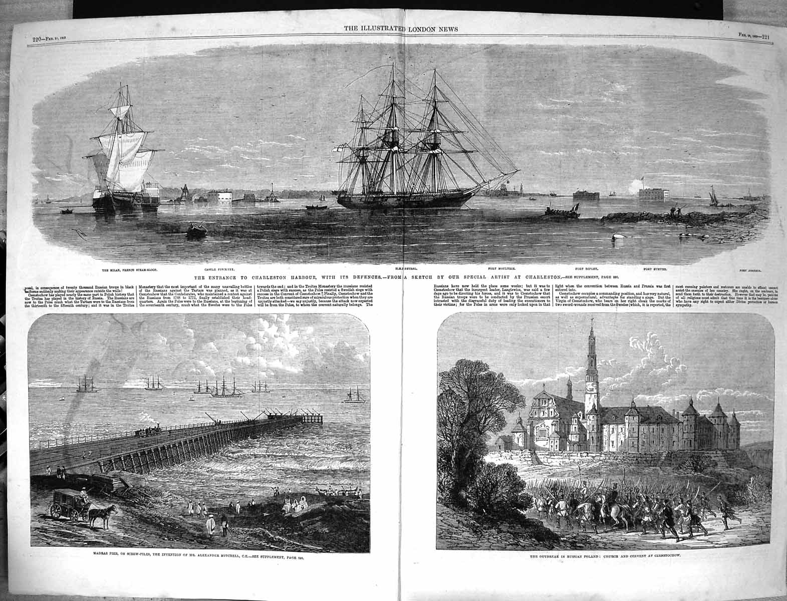 Old 1863 Charleston Harbour Ships Castle Pinckney Church Czenstochow Victorian