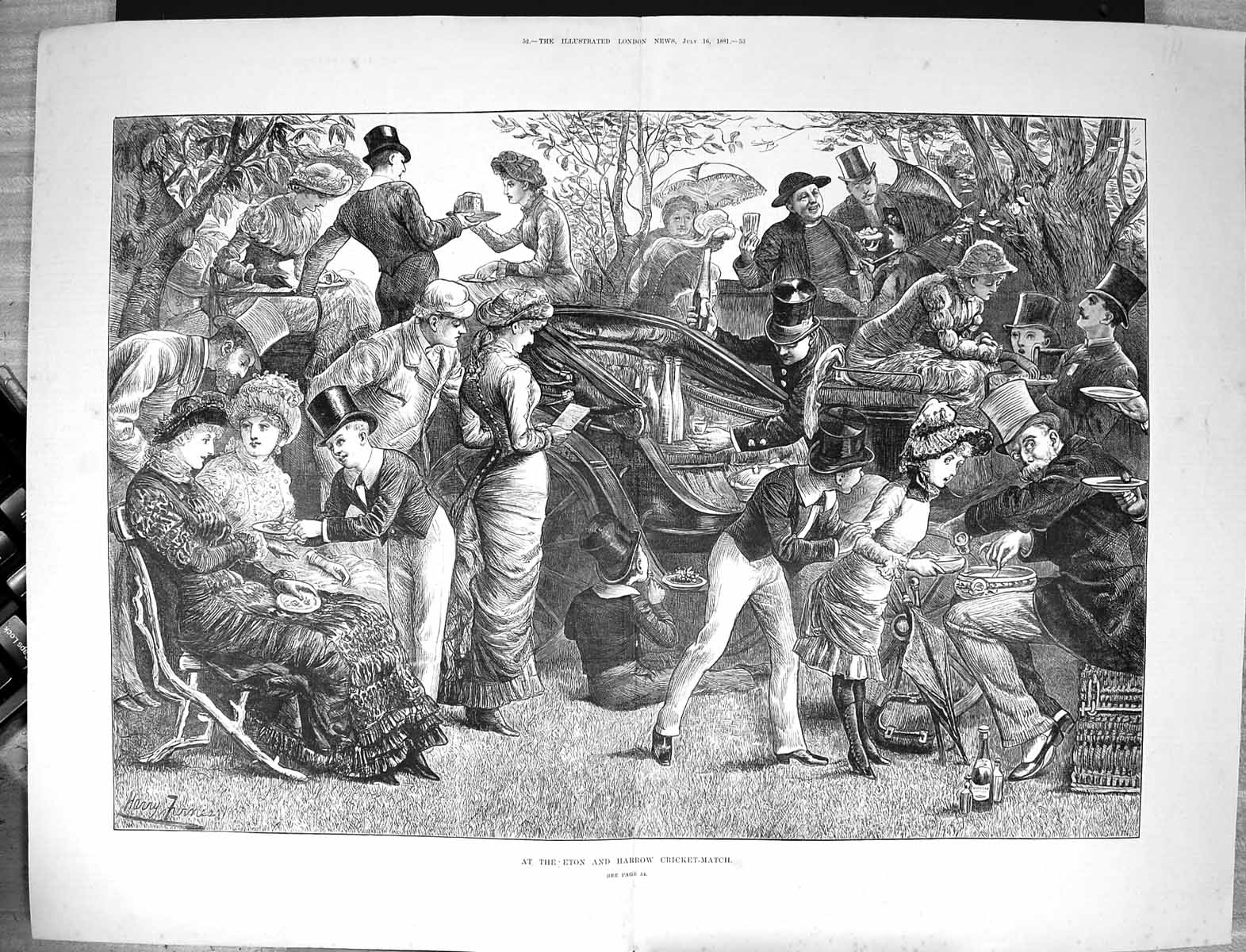 Original Old Antique Print 1881 Eton Harrow Cricket Match Sport Spectators 19th
